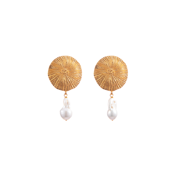 Eternal Elegance Disc Pearl Earrings | 24K Gold-Plated Brass with S925 Sterling Silver | Hypoallergenic Luxury (2.08" Height, 15.8g)