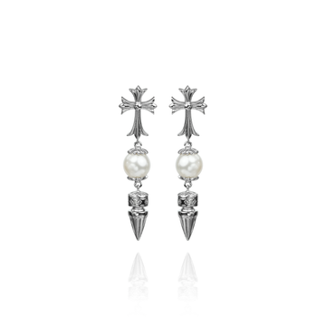 Pearl Cross Drop Earrings | Timeless Silver Statement | 24K Gold-Plated Brass | Niche Collection
