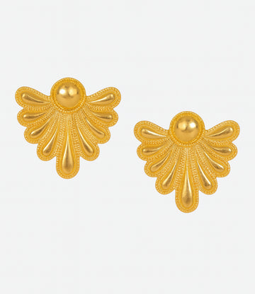 French-style 24k gold-plated brass earrings with asymmetrical fan-shaped floral design, fashionable religious wedding or gift jewelry