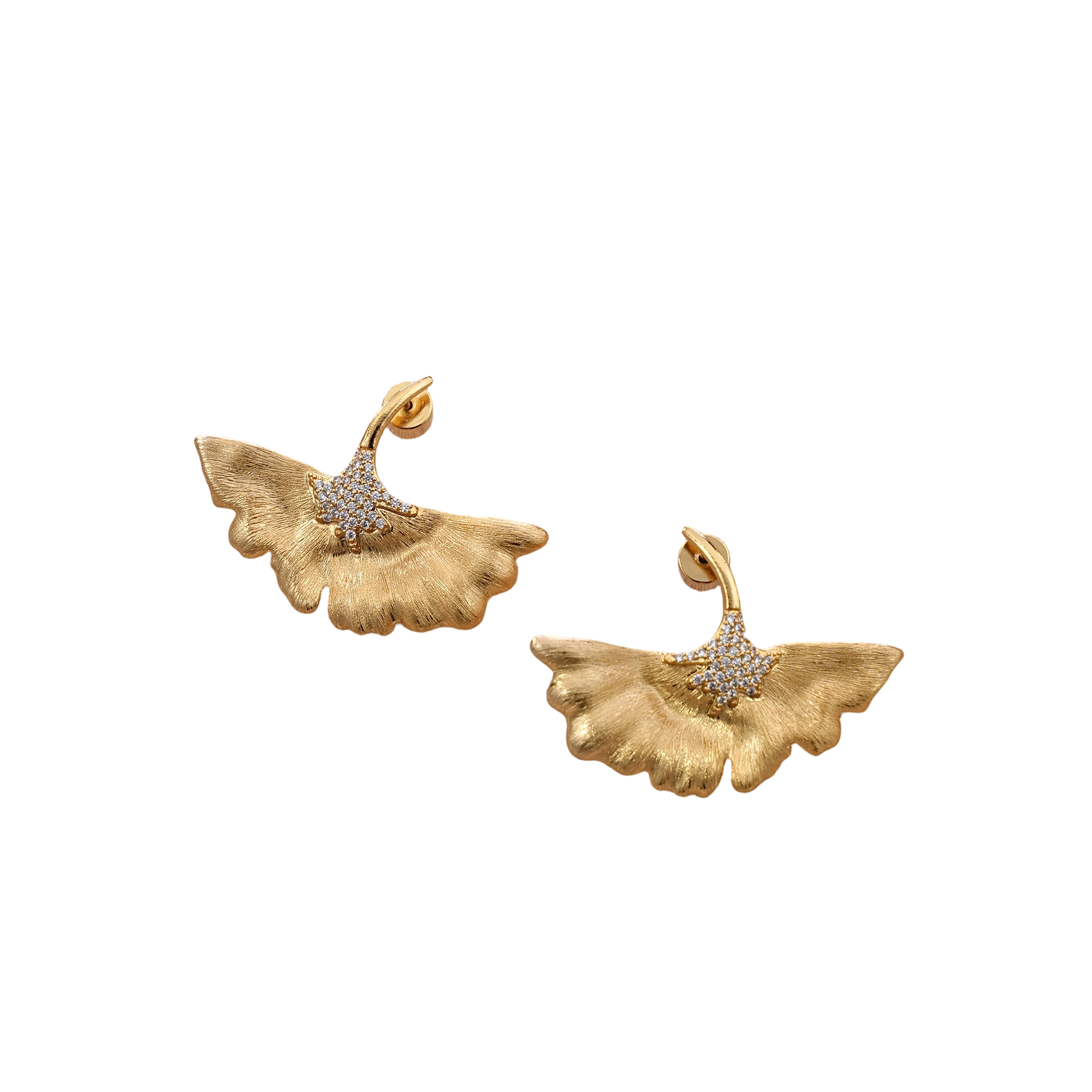 Textured Ginkgo Leaf Earrings - 18K Gold Plated & Silver Tone Zircon-Embellished Statement Earrings for Women, Nature-Inspired Elegant Jewelry