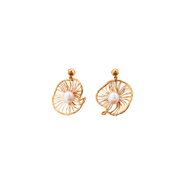 Dreamcatcher Lotus Earrings | Dual-Tone 24K Gold & Silver | Ethereal Pearl & Metal Weave
