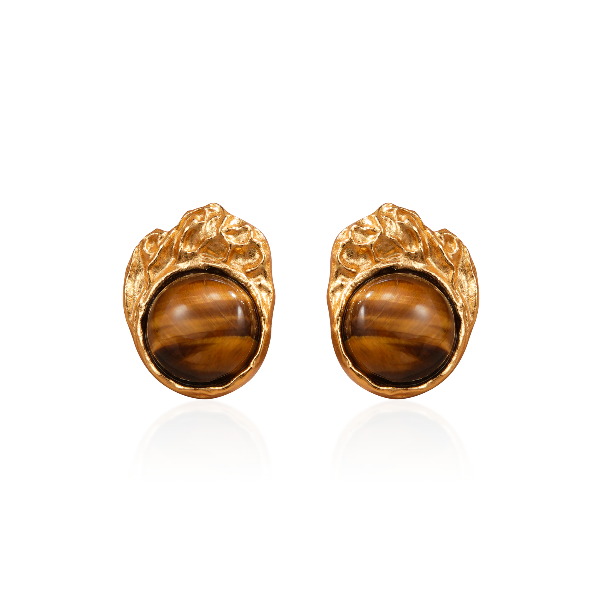 Engraved Tiger's Eye Earrings | 24K Gold Plated Brass | Mysterious Gemstone Jewelry for Women (0.78 inch, 9.5g)