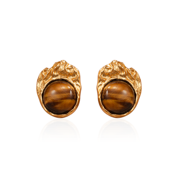 Engraved Tiger's Eye Earrings | 24K Gold Plated Brass | Mysterious Gemstone Jewelry for Women (0.78 inch, 9.5g)