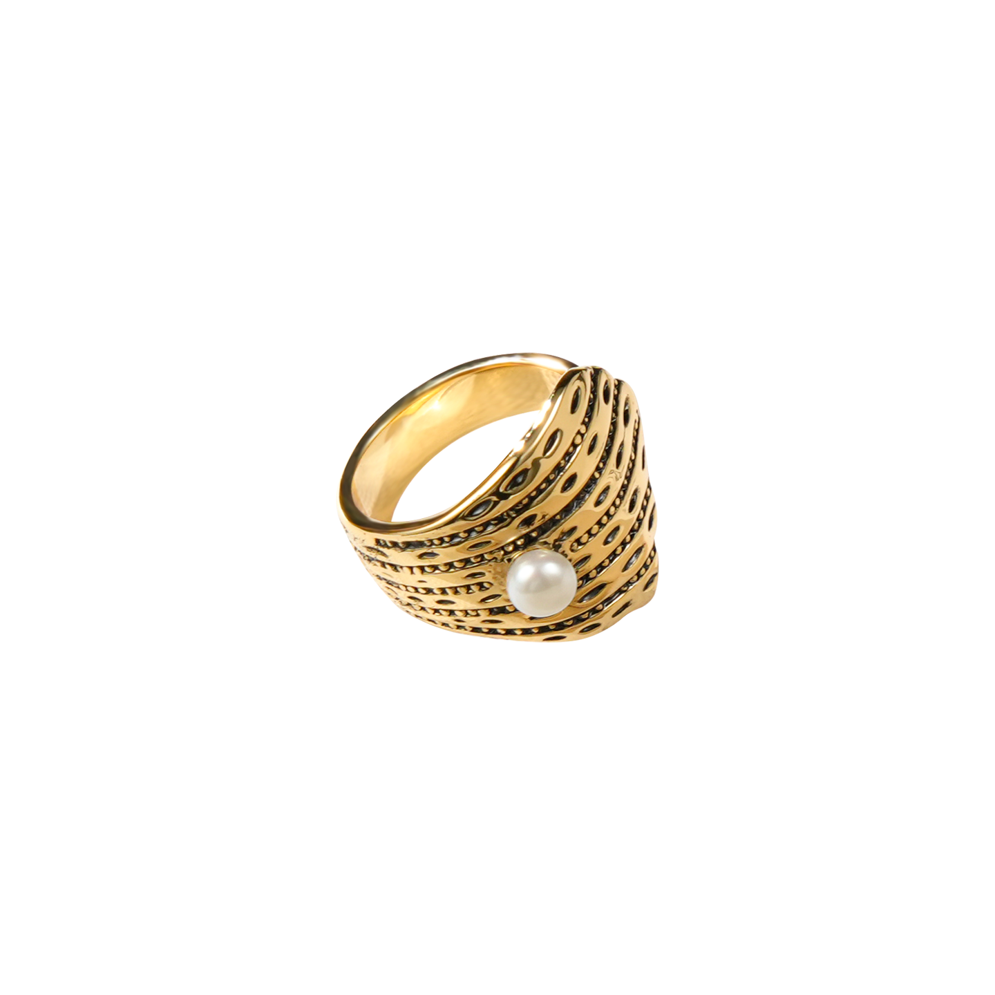 Vintage Pearl & Shell Statement Ring | 24K Gold-Plated Brass | Adjustable Ocean Jewelry | Heirloom Collection
