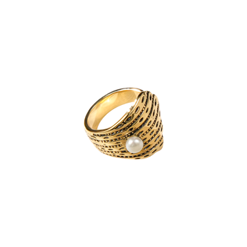 Vintage Pearl & Shell Statement Ring | 24K Gold-Plated Brass | Adjustable Ocean Jewelry | Heirloom Collection