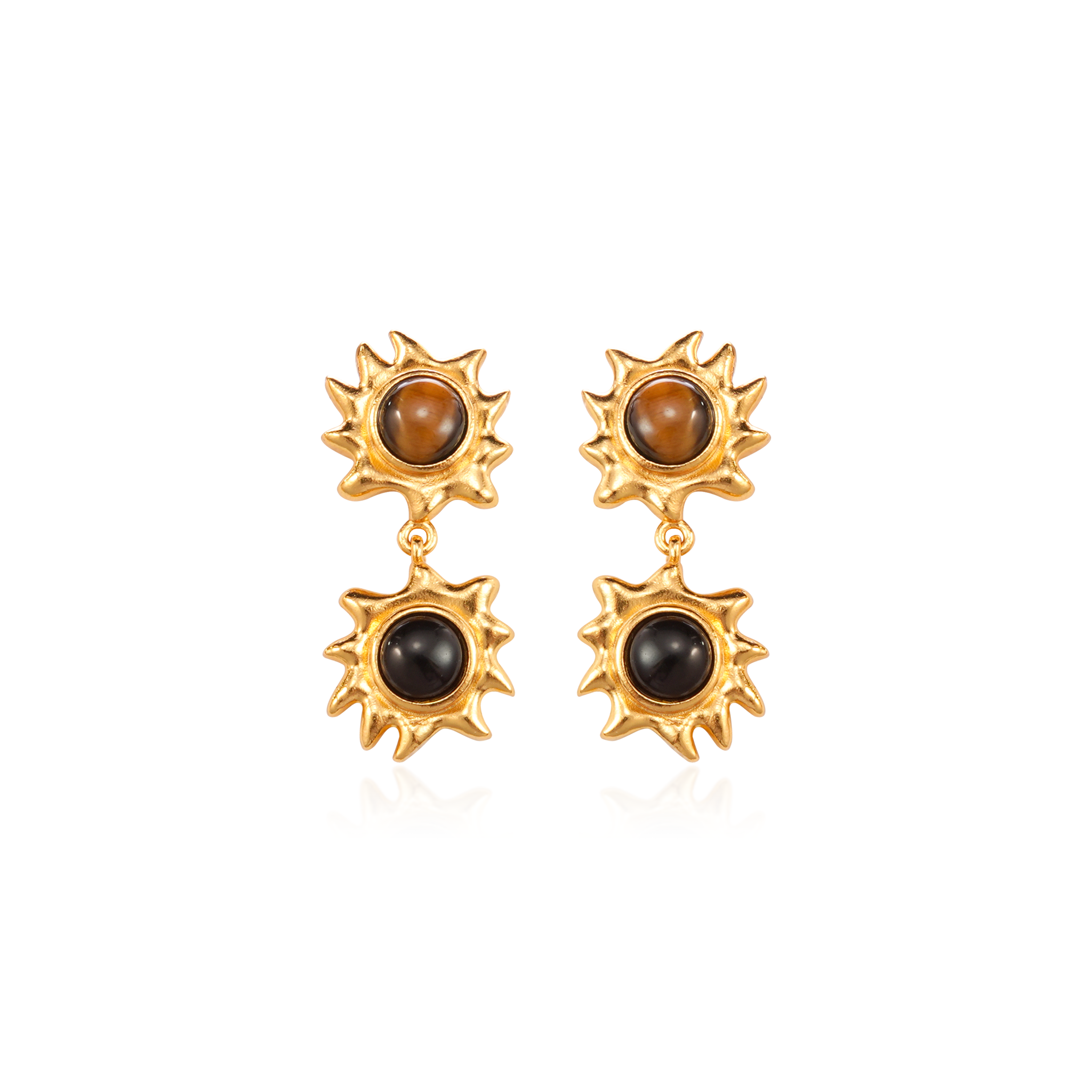DOZM Double Sunflower Tiger's Eye Earrings | 12mm Gold-Plated Statement Jewelry | 7.9g Bohemian Chic Earrings