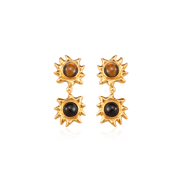 DOZM Double Sunflower Tiger's Eye Earrings | 12mm Gold-Plated Statement Jewelry | 7.9g Bohemian Chic Earrings
