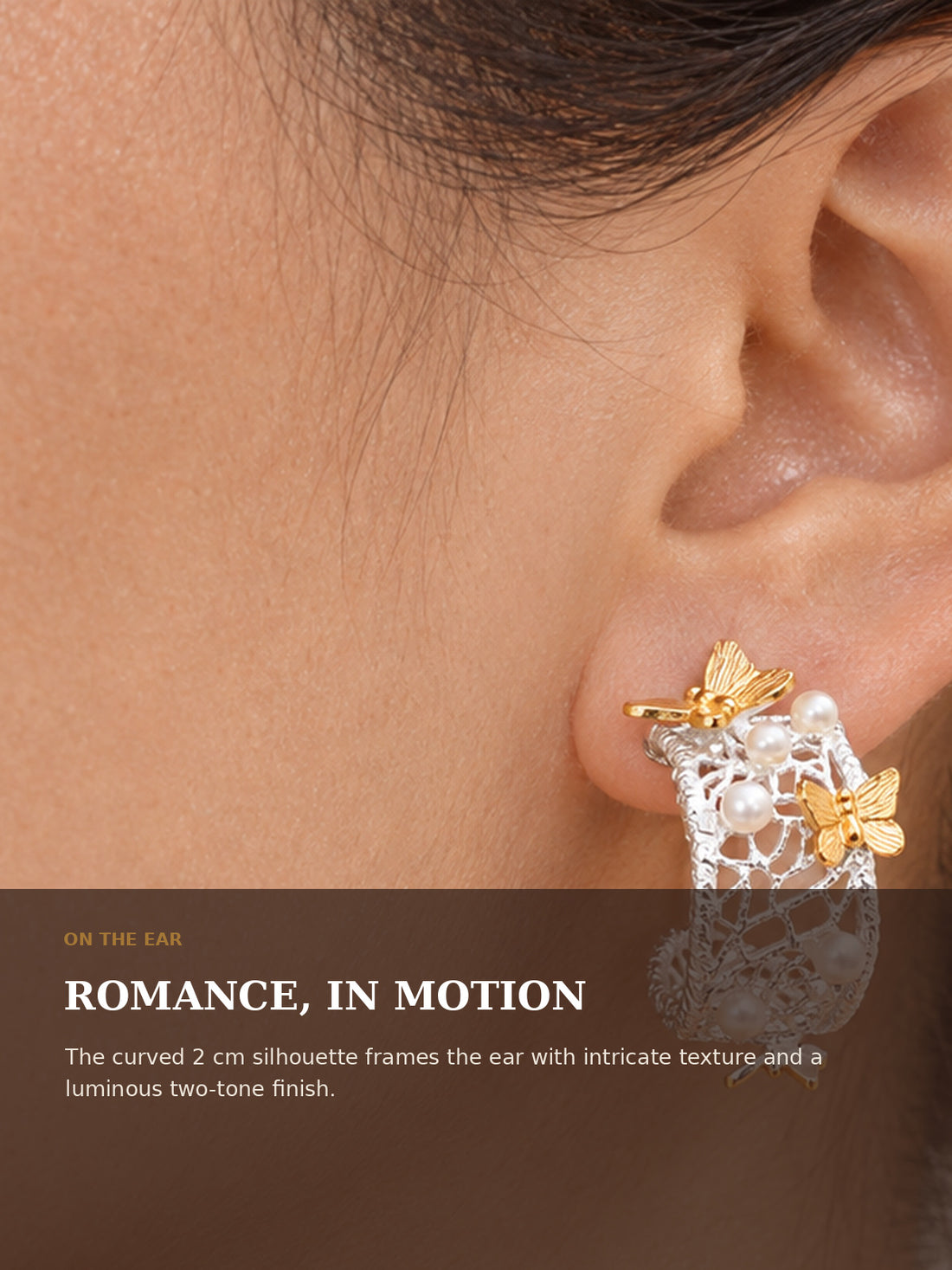 “Lacewing Butterfly Pearl Hoop Earrings – Two-Tone Sculptural Earrings”