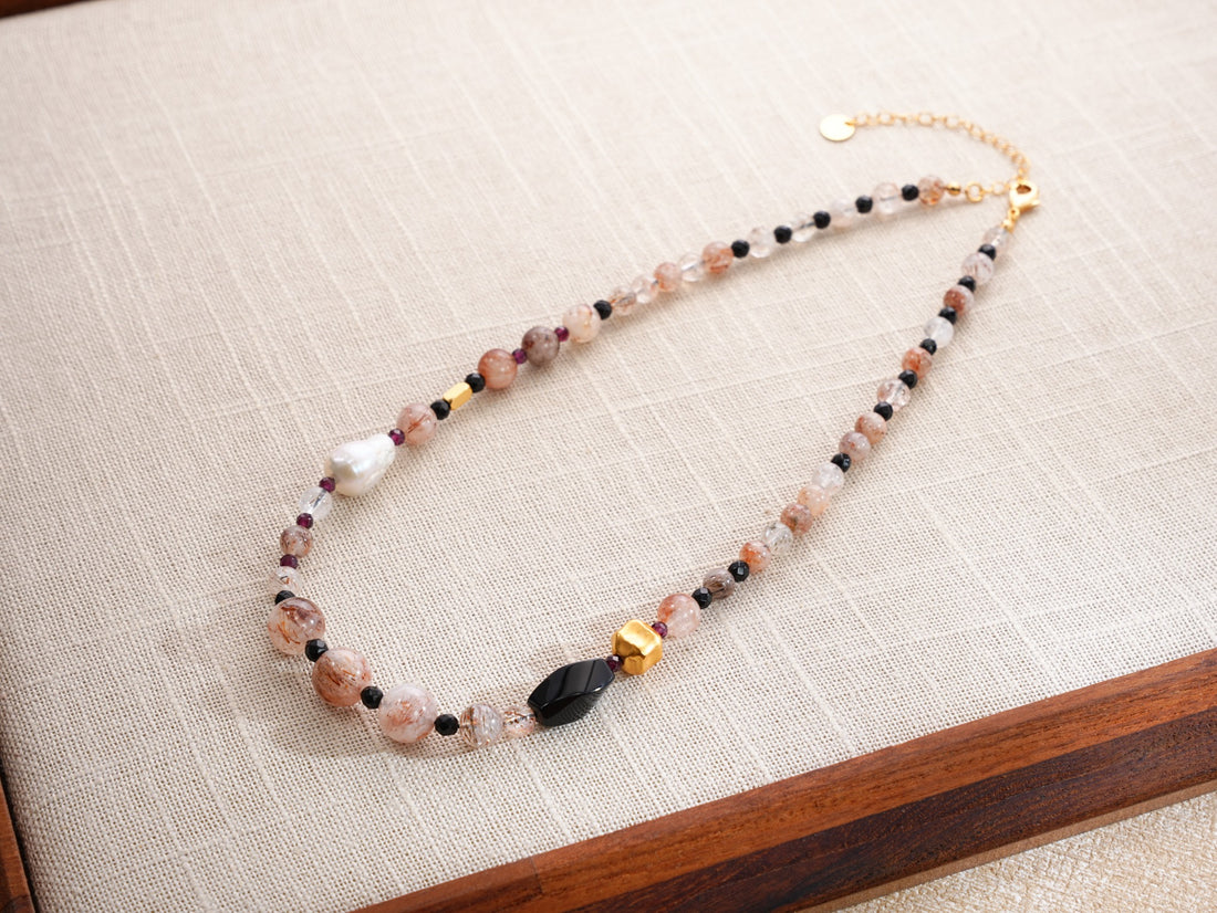 Full view natural crystal and baroque pearl necklace with black and gold accents, SKU 260854