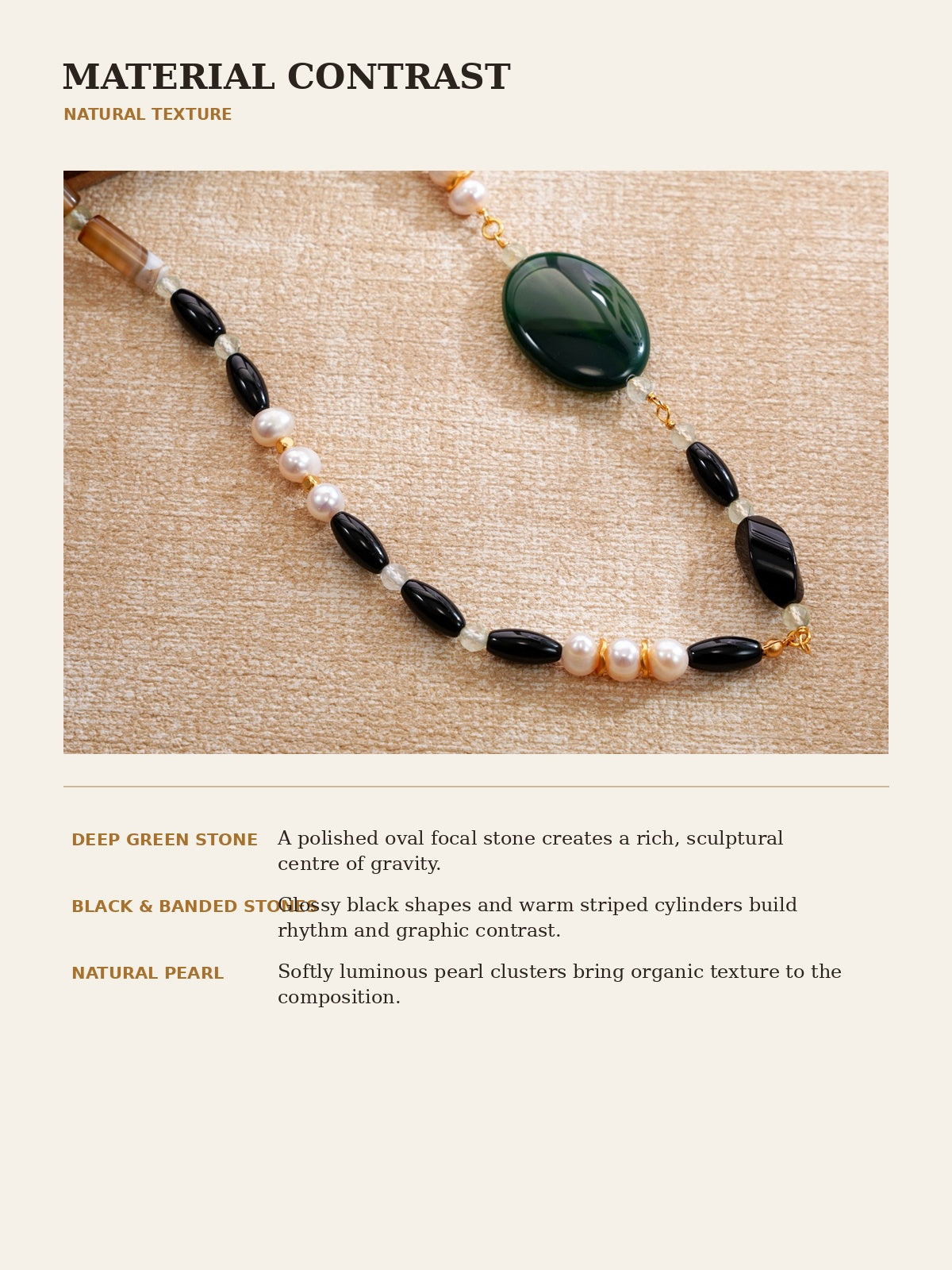 Verdant necklace natural stone and pearl materials detail