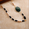 Deep green stone black beads and pearl detail necklace