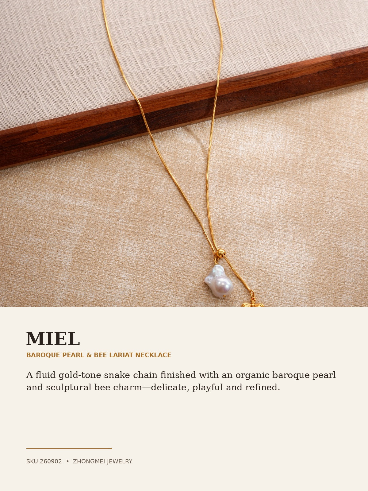 Miel baroque pearl and bee lariat necklace editorial detail page