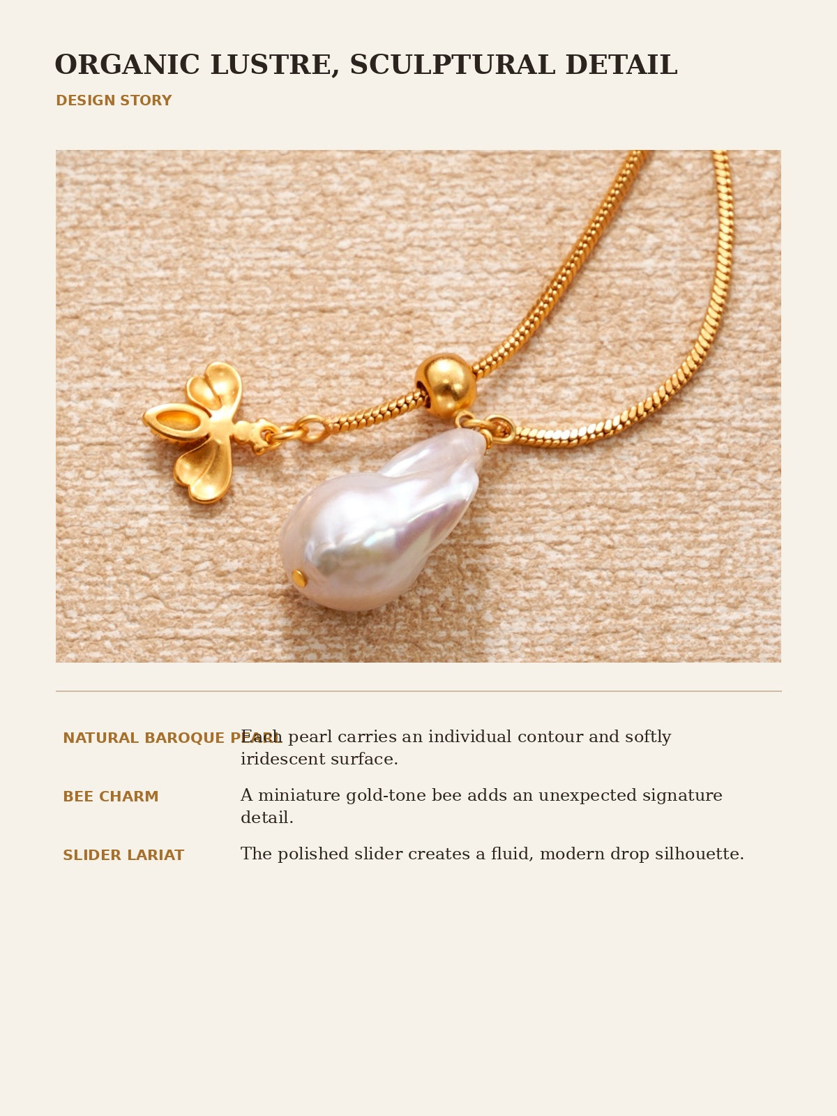 Miel necklace design story baroque pearl bee charm and slider lariat