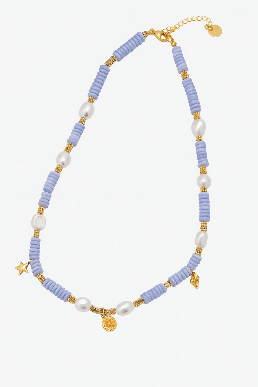 Purple Beaded Pearl Charm Necklace for Women – Gold-Plated Accents with Star & Shell Pendants – Boho Chic Statement Jewelry for Summer & Gifting