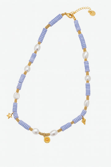 Purple Beaded Pearl Charm Necklace for Women – Gold-Plated Accents with Star & Shell Pendants – Boho Chic Statement Jewelry for Summer & Gifting