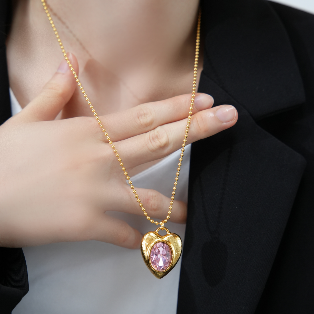 24K Gold-Plated Heart Pendant Necklace with Pink Diamonds | Adjustable 30cm+4.5cm Elegant Chain
