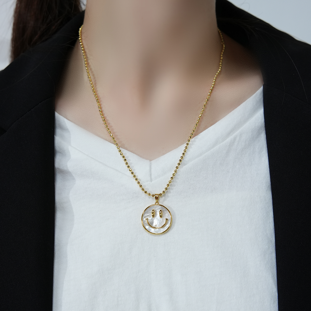 24K Gold Smile Pendant Necklace | Mother-of-Pearl Charm | Adjustable 41cm Chain | Positivity Jewelry