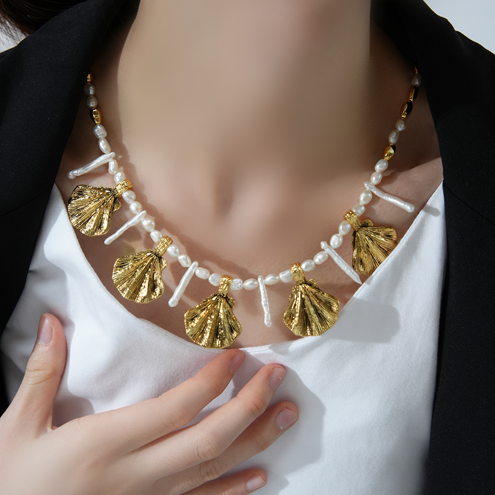 Oceanic Muse Necklace | 24K Gold-Plated Pearl & Shell Statement Piece | Adjustable 45cm Coastal Heirloom