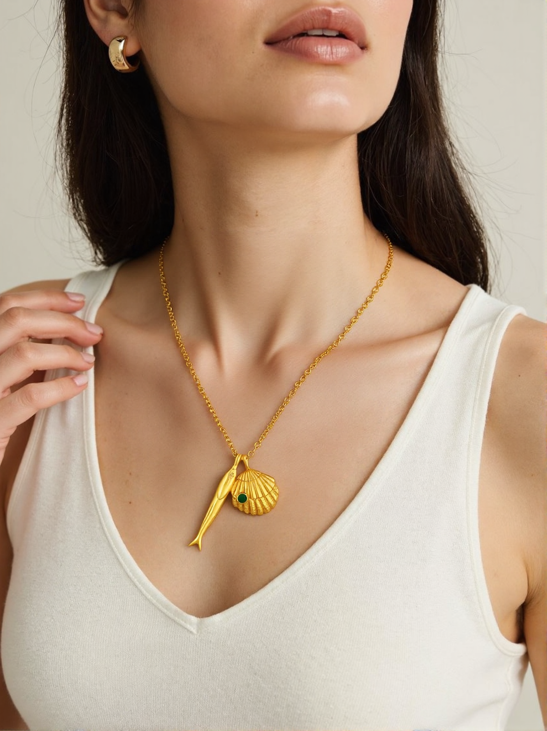 Necklace, pendant, fashionable necklace, 24K gold electroplating, vacation style Golden Long Fish Shell Blue Bead Single Chain