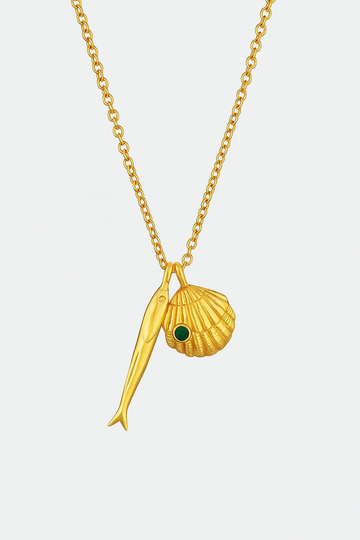 Necklace, pendant, fashionable necklace, 24K gold electroplating, vacation style Golden Long Fish Shell Blue Bead Single Chain