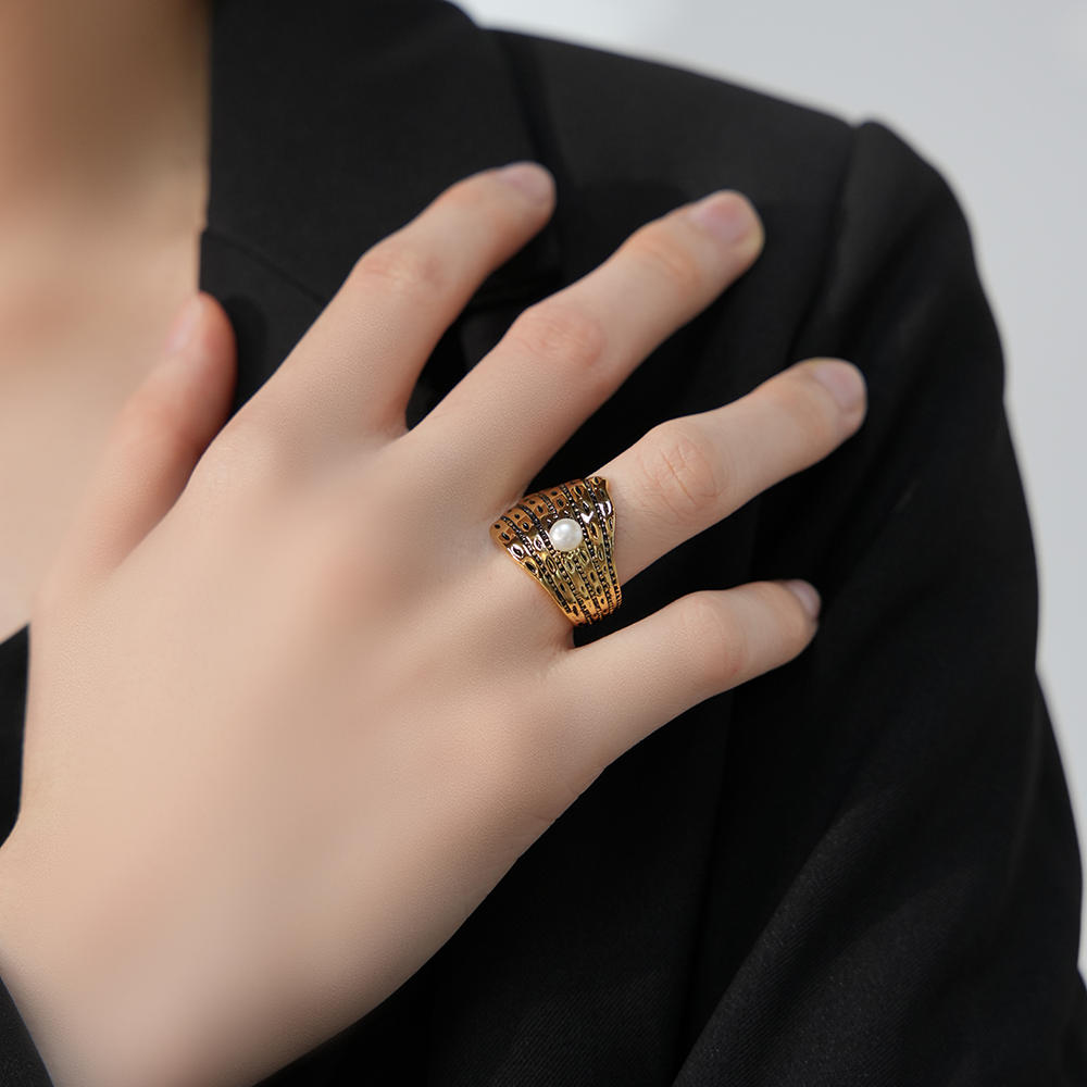 Vintage Pearl & Shell Statement Ring | 24K Gold-Plated Brass | Adjustable Ocean Jewelry | Heirloom Collection