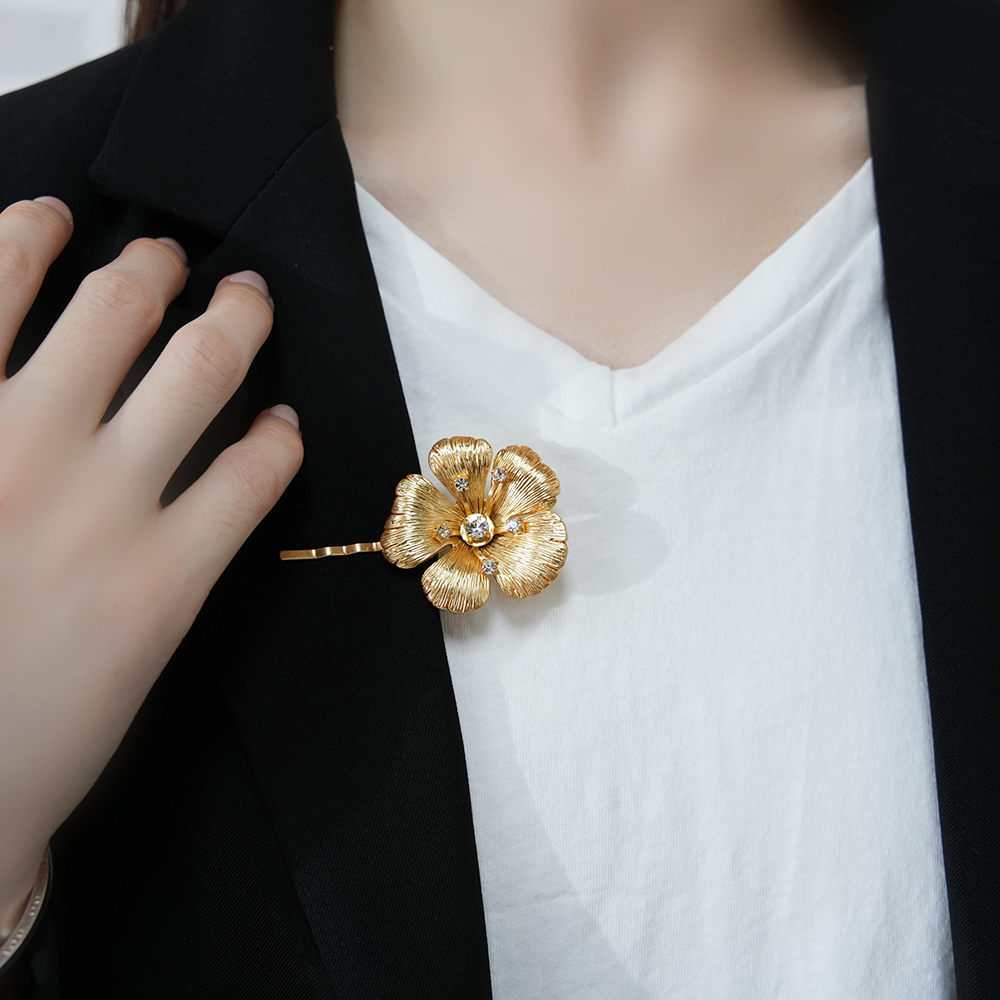 24K Gold-Plated Floral Hair Clip | Hand-Set Diamond Accents | Versatile Hair Accessory | Luxury Hair Jewelry