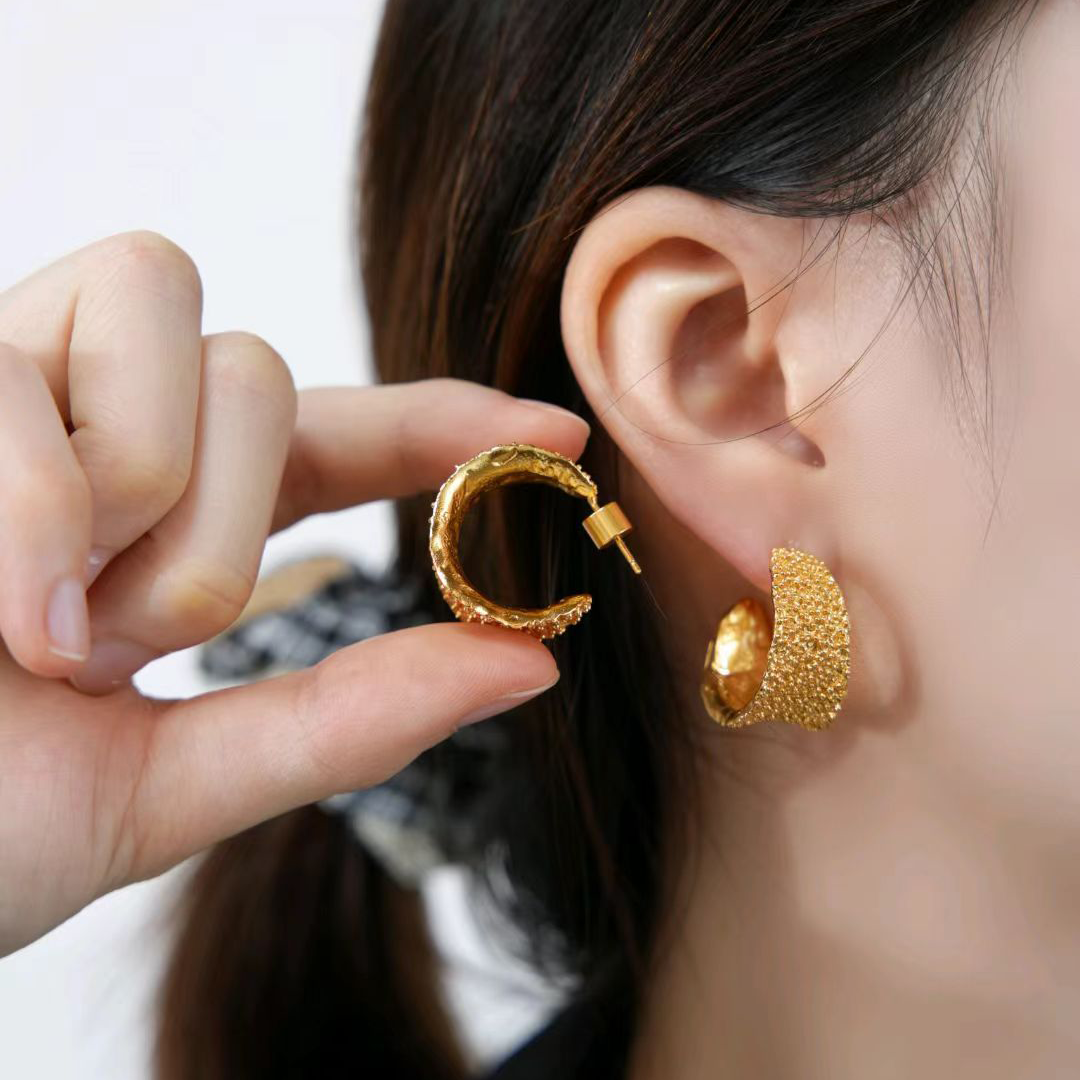 Volcanic Lava Texture Earrings | 24K Gold-Plated Brass | Hypoallergenic Statement Jewelry (0.94", 15.2g)