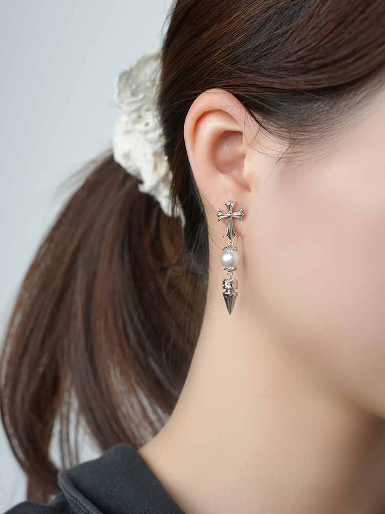 Pearl Cross Drop Earrings | Timeless Silver Statement | 24K Gold-Plated Brass | Niche Collection