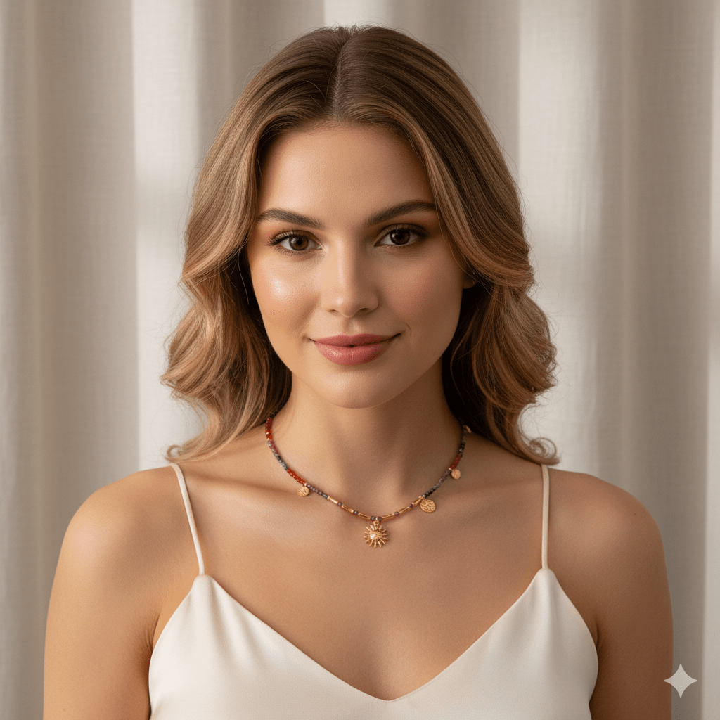 Bohemian Sun Charm Beaded Choker Necklace - Colorful Gemstone Gold Plated Statement Jewelry for Women