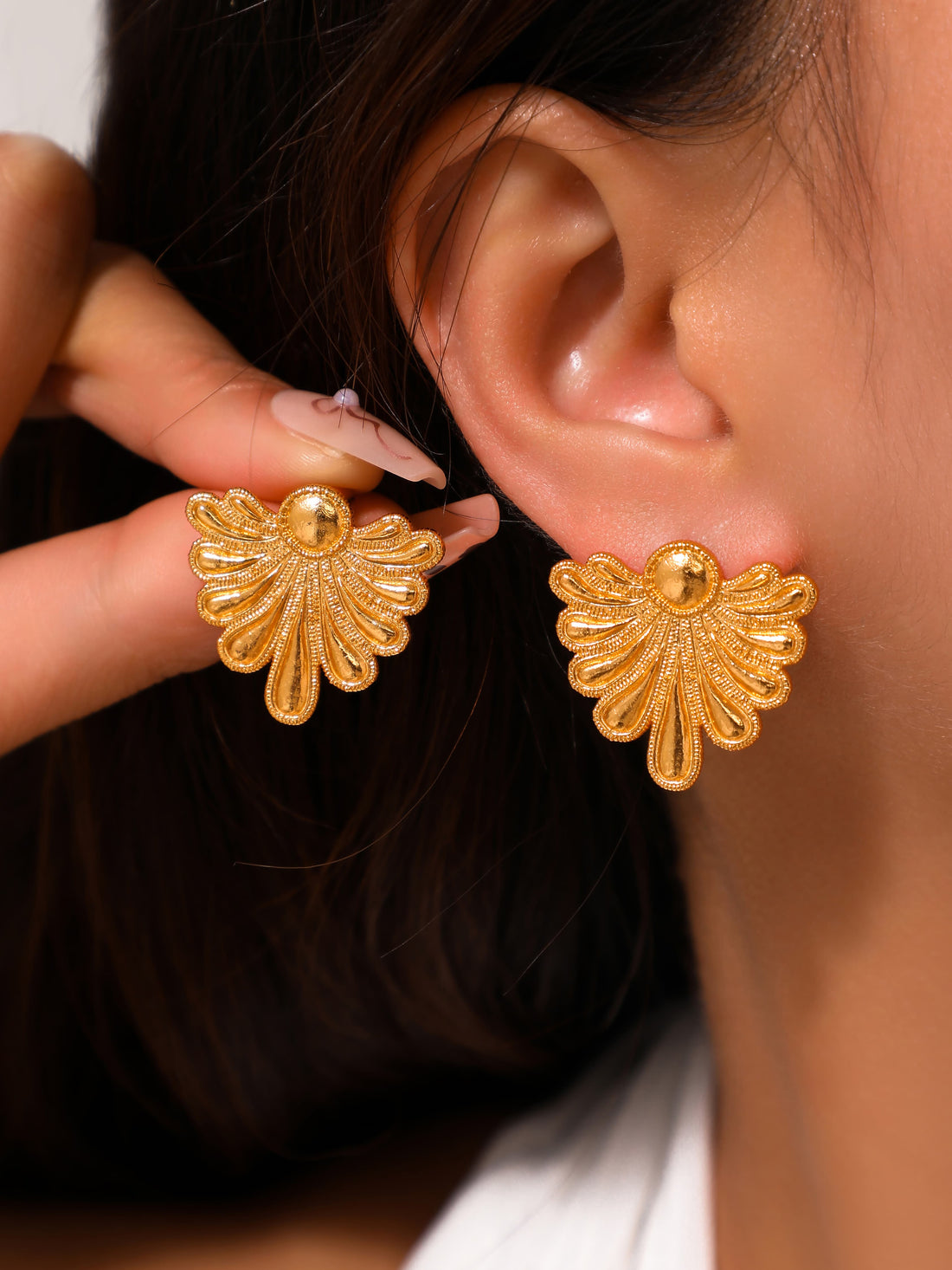 French-style 24k gold-plated brass earrings with asymmetrical fan-shaped floral design, fashionable religious wedding or gift jewelry