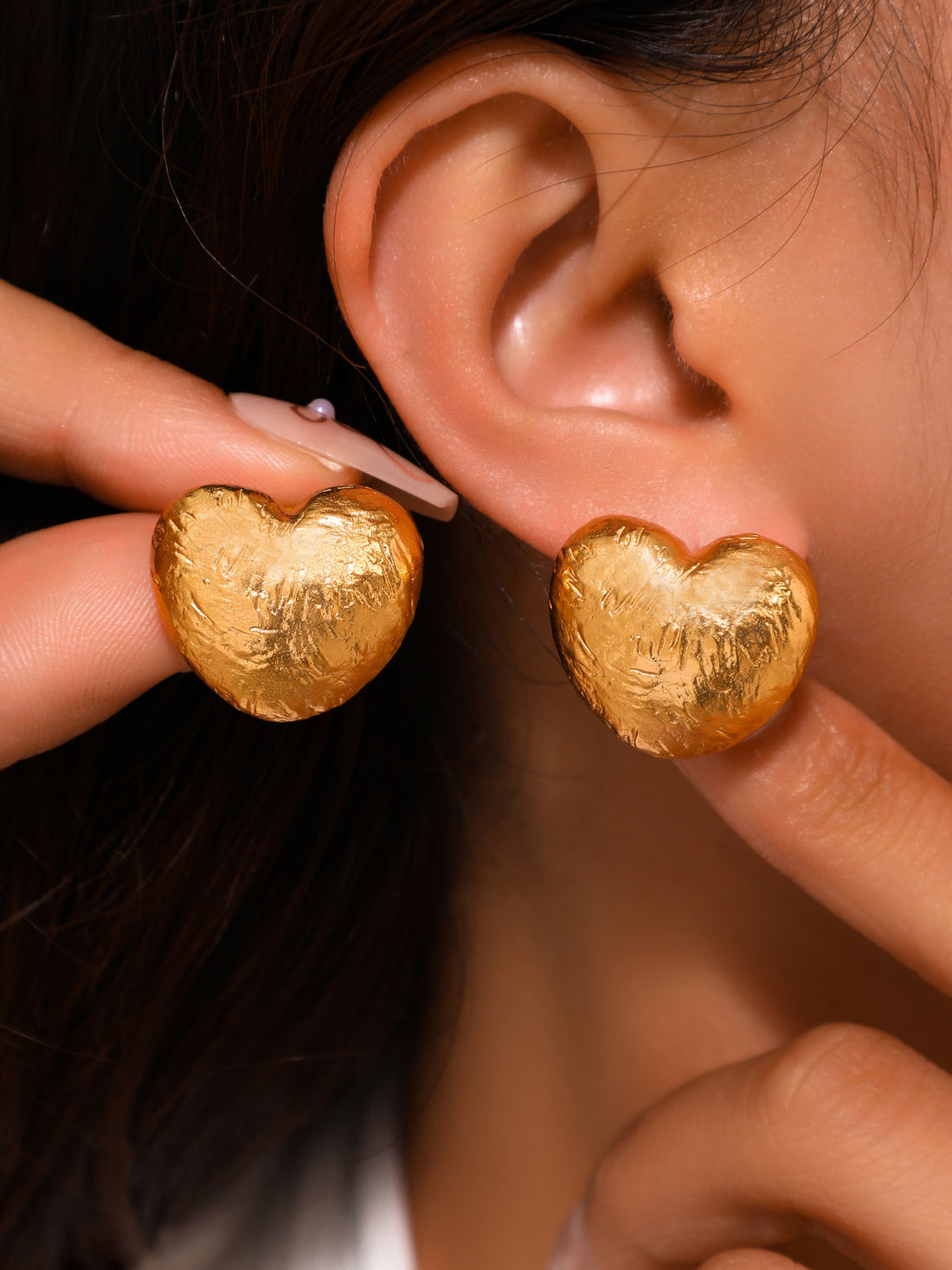 Gold Heart Stud Earrings for Women – Textured Chunky Love Shape Earrings – Cute Minimalist Jewelry for Everyday Wear or Gifting