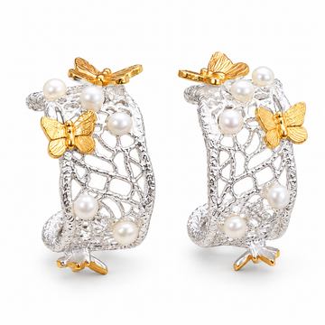 “Lacewing Butterfly Pearl Hoop Earrings – Two-Tone Sculptural Earrings”