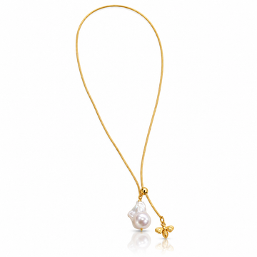 Miel Baroque Pearl & Bee Lariat Necklace | Gold-Plated Brass