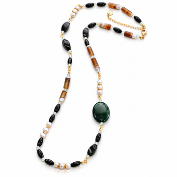 Verdant Natural Stone & Pearl Long Necklace | Gold-Plated Brass